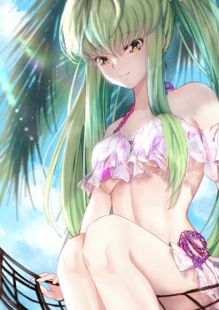 1girl :3 absurdres bikini breasts budgiepon c.c. closed_mouth code_geass collarbone cosplay fate/grand_order fate_(series) green_hair hair_between_eyes hair_over_breasts hammock highres long_hair medium_breasts scathach_(fate) scathach_skadi_(fate) scathach_skadi_(fate)_(cosplay) scathach_skadi_(swimsuit_ruler)_(first_ascension)_(fate) sitting smile solo swimsuit underboob very_long_hair white_bikini yellow_eyes