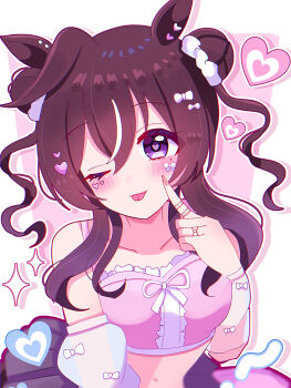 1girl animal_ears breasts collarbone commentary_request hair_between_eyes hair_ornament highres horse_ears horse_girl long_hair looking_at_viewer mole mole_under_eye official_alternate_costume portrait purple_eyes ribbon shiroiro_obake solo swimsuit tongue tongue_out umamusume vivlos_(umamusume)