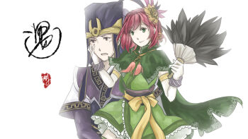 Rule 34 | blush, brown eyes, chinese clothes, fan, feather hair ornament, green eyes, hair ornament, hand on another's cheek, hand on another's face, highres, gracia (sengoku musou), japanese clothes, kimono, musou orochi, obi, red hair, sash, sengoku musou, sima yi, smile