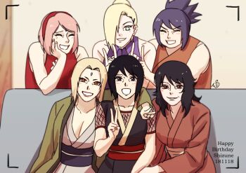 6+girls black_eyes black_hair blonde_hair blue_eyes boruto:_naruto_next_generations breasts cleavage dated facial_mark forehead_mark hair_ornament hair_over_one_eye hairband hairclip haori happy_birthday haruno_sakura highres japanese_clothes kimono large_breasts mature_eyes mature_female may_c mitarashi_anko multiple_girls naruto_(series) pink_hair plump ponytail red_eyes red_hairband red_kimono shizune_(naruto) signature tsunade_(naruto) v yamanaka_ino yuuhi_kurenai