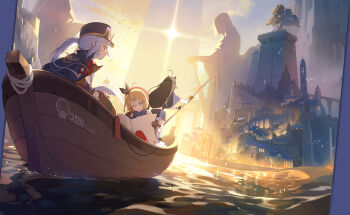 Rule 34 | 3girls, ;q, ahoge, bag, beret, blue hat, blue jacket, boat, braid, closed mouth, collared shirt, crown braid, donna (stella sora), dutch angle, freesia (stella sora), grey hair, hair ornament, hairclip, hat, highleg, highleg panties, highres, holding, holding map, holding oar, jacket, long hair, long sleeves, map, messenger bag, miniskirt, monolith (object), multicolored hair, multiple girls, oar, official art, on boat, one eye closed, orange hair, outdoors, panties, pleated skirt, profile, red eyes, red hat, red shirt, river, rowboat, rowing, second-party source, shirt, shoulder bag, side ponytail, sidelocks, simple bird, skirt, smile, sparkle, standing, stella sora, streaked hair, teresa (stella sora), tongue, tongue out, tree, underwear, watercraft, white hair