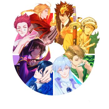 6+boys alchemy black_gloves black_hair black_nails blonde_hair blue_eyes blue_flower blue_gemstone blue_hair blue_rose braid braided_ponytail brown_eyes brown_hair card cardcaptor_sakura chest_tattoo ciel_phantomhive coat coat_on_shoulders code_geass color_connection color_coordination color_wheel color_wheel_challenge crossover dark_blue_hair digimon digimon_adventure earrings edward_elric eyepatch unworn_eyepatch facial_hair facial_mark feather_coat finger_tattoo fire flower formal_clothes fullmetal_alchemist fur_hat gem gloves goatee green_eyes hair_between_eyes hair_slicked_back hand_tattoo harmonica hat heterochromia high_collar highres hisoka_morow holding holding_card hunter_x_hunter instrument ishida_yamato leopard_print jewelry katana katekyo_hitman_reborn! kuroshitsuji leaf lelouch_vi_britannia light_blue_hair long_hair long_sideburns long_sleeves looking_at_viewer male_focus mandarin_collar mechanical_arms multiple_boys multiple_crossover multiple_drawing_challenge nail_polish one_piece pale_skin pentagram pink_eyes pink_hair prosthesis purinrin001 purple_eyes purple_hair red_coat rose sawada_tsunayoshi sebastian_michaelis short_hair sideburns single_mechanical_arm smile spiked_hair star_(symbol) star_facial_mark sword tattoo teardrop_facial_mark teardrop_tattoo trafalgar_law upper_body very_long_hair victorian weapon x_gloves_(reborn) yellow_eyes yue_(cardcaptor_sakura)