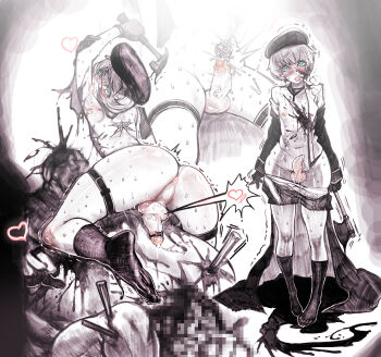 2boys ^^^ androgynous anus ass axe bad_id bad_pixiv_id blood blush candy censored crazy crossdressing crossdressing_(mtf) cum death ero_guro food gloves green_eyes guro hat heart hip_focus jeffr lollipop male_focus monochrome multiple_boys murder nipples original penis penis_piercing piercing short_hair shota socks spot_color stake sweat tattoo testicles thigh_strap trap trembling weapon wide_hips yaoi