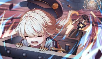 Rule 34 | 1girl, :o, aoba (blue archive), blonde hair, blue archive, cart, closed eyes, commentary request, fluffy hair, hat, highres, light trail, long hair, low twintails, minecart, motion lines, newsboy cap, peaked cap, railroad tracks, shouting, shovel, sion (9117), solo, tiphareth (blue archive), twintails, welding mask