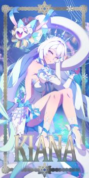 1girl ahoge bare_shoulders blue_eyes breasts character_name commentary dress english_commentary high_heels highres honkai_(series) honkai_impact_3rd kiana_kaslana kiana_kaslana_(ba-dum!_fiery_wishing_star) kiana_kaslana_(wintery_wishes) large_breasts long_hair official_alternate_costume onshigou rice_cake_(honkai_impact) sideboob sideless_dress smile snake solo star-shaped_pupils star_(symbol) symbol-shaped_pupils thighs tiara very_long_hair white_dress white_hair