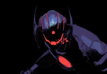 1boy android armor crossover decepticon glowing glowing_eyes highres humanoid_robot looking_at_viewer marvel marvel_rivals no_humans one-eyed open_mouth primusibi red_eyes robot science_fiction shockwave_(transformers) simple_background transformers transformers:_generation_1 ultron