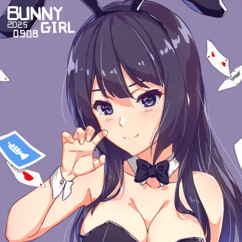 Rule 34 | 1girl, animal ears, black bow, black bowtie, black eyes, black hair, blush, bow, bowtie, breasts, cleavage, closed mouth, commentary request, dated, fake animal ears, hibike! euphonium, highres, kousaka reina, kurenaiz (kureniz), large breasts, long hair, looking at viewer, playboy bunny, rabbit ears, solo, upper body, white wrist cuffs, wrist cuffs