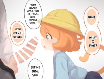 1boy 1girl :o age_difference bar_censor blue_shirt cat_tail censored english_text erection from_side green_eyes hair_between_eyes hat highres kanbaki kanbaki's_orange-haired_catgirl leaning_forward loli looking_ahead looking_at_penis open_mouth orange_hair orange_tail original penis penis_awe penis_out school_hat shirt short_hair solo speech_bubble tail tail_raised upper_body white_background yellow_hat