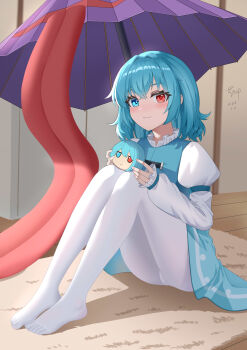 Rule 34 | 1girl, absurdres, blue eyes, blue hair, blue skirt, blue vest, blush, closed mouth, commentary, dated, heterochromia, highres, holding, holding stuffed toy, indoors, karakasa obake, long sleeves, medium hair, no shoes, pantyhose, purple umbrella, qinyuzhen, red eyes, shirt, signature, sitting, skirt, smile, solo, stuffed animal, stuffed toy, tatara kogasa, tongue, touhou, umbrella, vest, white pantyhose, white shirt