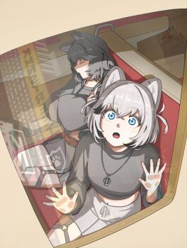 2girls :o absurdres against_glass animal_ears black_hair black_shirt black_skirt blue_eyes breasts closed_eyes commentary crossed_arms dog_ears dog_girl english_commentary grey_hair grey_shorts hand_on_glass highres itsumeee3 jewelry kmnz medium_breasts medium_hair midriff_peek multicolored_hair multiple_girls navel necklace nero_(kmnz) open_mouth reflection shirt shorts sitting skirt sleeping tina_(kmnz) two-tone_hair virtual_youtuber