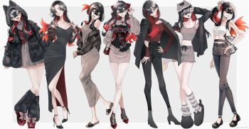 1girl alternate_costume alternate_hairstyle animal_ears artist_name bag bare_shoulders black_dress black_hair black_hood black_jacket black_pants blush boots bow breasts carmine_(pokemon) cat_ears closed_eyes clothing_cutout colored_inner_hair colored_sclera commentary_request cropped_shirt crossed_bangs crying doll dress earrings eyelashes fake_animal_ears floral_print fur_jacket grey_dress grin hair_between_eyes hair_bow hair_bun hair_ornament hair_over_one_eye hair_scrunchie handbag high_heel_boots high_heels highres holding holding_bag holding_doll hug jacket jewelry lace_trim long_hair long_sleeves looking_at_viewer midriff mole mole_under_eye multicolored_hair navel nintendo one_eye_closed open_clothes open_jacket open_mouth paddy_field pants parted_lips platform_sandals pokemon pokemon_sv ponytail red_bow red_hair red_shirt sandals scrunchie shirt simple_background sleeveless sleeveless_dress smile snout socks standing stuffed_toy sweatdrop tears teeth toes tongue translation_request twitter_username two-tone_hair wavy_hair white_shirt yellow_eyes