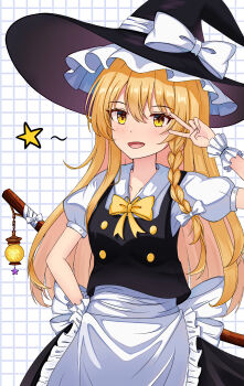 1girl absurdres apron back_bow black_hat black_skirt black_vest blonde_hair blush bow bowtie braid broom commentary fang hair_bow hat hat_bow highres kirisame_marisa nano. open_mouth puffy_short_sleeves puffy_sleeves short_sleeves side_braid single_braid skirt smile touhou vest white_apron white_bow witch_hat wrist_cuffs yellow_bow yellow_bowtie