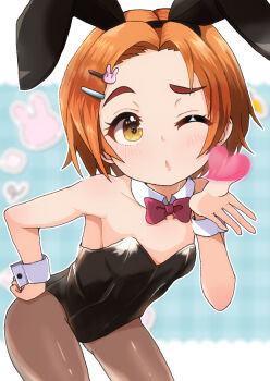 Rule 34 | 1girl, ;o, animal ear hairband, animal ears, black leotard, blowing kiss, blush, bow, bowtie, brown pantyhose, bunny day, collarbone, commentary request, detached collar, fake animal ears, flat chest, forehead, hairband, heart, highres, idolmaster, idolmaster cinderella girls, leotard, looking at viewer, nonchan, one eye closed, orange hair, outline, pantyhose, playboy bunny, rabbit ear hairband, rabbit ears, red bow, red bowtie, ryuzaki kaoru, short hair, solo, strapless, strapless leotard, white outline, wrist cuffs