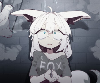 1girl ahoge animal_ear_fluff animal_ear_piercing animal_ears aqua_eyes braid breasts cocomayo29_(tomato) commentary_request earrings fox_ears fox_girl fox_tail holding holding_knife hololive jewelry knife korean_commentary large_breasts long_hair open_mouth pentagram pov saliva scared shirakami_fubuki shirt short_sleeves single_braid single_earring tail virtual_youtuber white_hair