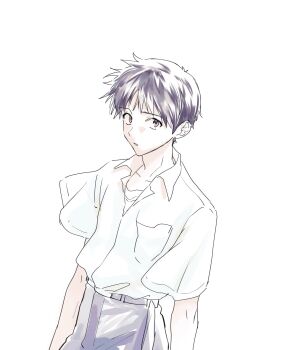 Rule 34 | 1boy, black hair, brown eyes, collared shirt, floating clothes, highres, ikari shinji, looking at viewer, male focus, neon genesis evangelion, open collar, pants, parted lips, school uniform, shirt, shirt tucked in, short hair, short sleeves, simple background, solo, tokyo-3 middle school uniform, tsubaki xxx0921, undershirt, white background, white shirt