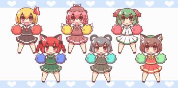 6+girls :&lt; :3 ^_^ animal_ears animated animated_gif ascot basket blonde_hair blue_background bow bow_panties bowtie braid brown_eyes brown_hair cat_ears cat_tail cheering cheerleader chen closed_eyes earrings floppy_ears green_eyes green_hair grey_hair hair_bow hair_ribbon hat heart jewelry kaenbyou_rin kasodani_kyouko leg_up maitora mouse_ears mouse_tail multiple_girls multiple_tails mystia_lorelei nazrin nekomata open_mouth panties pink_eyes pink_hair pom_pom_(cheerleading) red_eyes red_hair ribbon rumia single_earring sleeveless striped_clothes striped_panties tail touhou twin_braids two_tails underwear white_background wings yellow_bow yellow_bowtie