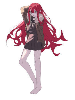 1girl 590kogure590 baobhan_sith_(fate) barefoot black_sailor_collar black_shirt black_skirt brown_jacket fate/grand_order fate_(series) grey_eyes highres jacket long_hair open_clothes open_jacket open_mouth pleated_skirt pointy_ears red_hair sailor_collar school_uniform shirt skirt solo