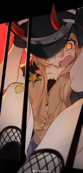 1girl absurdres black_gloves blonde_hair brown_shirt commentary demon_horns dress_shirt english_commentary fake_horns fingerless_gloves fishnet_socks fishnets girls&#039;_frontline gloves hands_on_own_head highres horns imoko_(imonatsuki) long_hair m870_(girls&#039;_frontline) open_mouth orange_eyes sheriff_badge shirt socks solo sweat