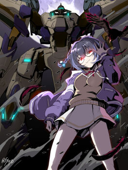 1girl bird black_feathers black_hair braid brown_sweater_vest cube_hair_ornament feathers from_below glasses hair_ornament highres jacket mecha medium_hair multicolored_hair muv-luv muv-luv_girls_garden namise_uruu open_clothes open_jacket purple_hair purple_jacket red_eyes robot short_braid side_braid signature single_braid skirt sweater_vest syope twitter_username white_skirt