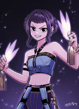 Rule 34 | 1girl, bare shoulders, black eyes, blunt bangs, bracelet, cowboy shot, crop top, dagger, earrings, energy weapon, freckles, gegegekman, glowing, glowing weapon, gradient background, halterneck, highres, holding, holding dagger, holding knife, holding weapon, jewelry, knife, kpop demon hunters, looking at viewer, multiple rings, purple hair, ring, signature, smile, stomach, tassel, throwing knife, weapon, zipper, zoey (kpop demon hunters)