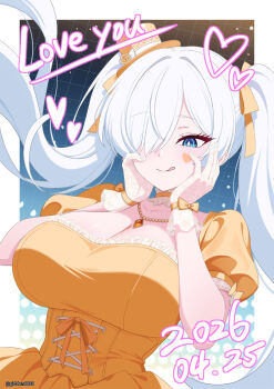 1girl :q alternate_costume blue_eyes breasts choker cinderella_(nikke) cleavage commentary_request dated english_text facial_mark floating_hair gloves goddess_of_victory:_nikke grid hair_over_one_eye hair_ribbon hands_on_own_face hat heart heart_facial_mark highres jewelry lace lace_gloves large_breasts long_hair looking_at_viewer mini_hat mini_top_hat one_eye_covered outside_border partial_commentary pendant puffy_sleeves ribbon short_sleeves solo tongue tongue_out top_hat tsai_gi twintails twitter_username upper_body very_long_hair white_gloves white_hair