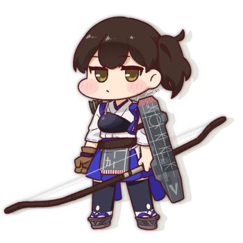 1girl blue_skirt blush bow_(weapon) brown_gloves brown_hair chibi closed_mouth commentary_request gloves highres holding holding_bow_(weapon) holding_weapon japanese_clothes kaga_(kancolle) kantai_collection kimono looking_at_viewer muneate parody rigging side_ponytail simple_background single_glove skirt solo standing tabi tamamura_(tmmr_kysmlove) thighhighs trickcal twitter_username weapon white_background white_kimono yellow_eyes yumi_(bow)