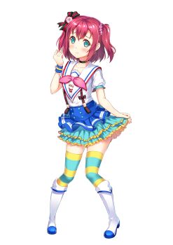 1girl aozora_jumping_heart black_choker black_ribbon blush boots breasts choker closed_mouth collarbone earrings embarrassed frills full_body green_eyes hair_ornament hair_ribbon hair_scrunchie hand_up highres jewelry kurosawa_ruby ldfe_mk2 looking_at_viewer love_live! love_live!_sunshine!! medium_hair pigeon-toed pink_scrunchie raised_inner_eyebrows red_hair ribbon sailor_collar scrunchie short_sleeves simple_background skirt small_breasts solo standing striped_clothes striped_thighhighs thighhighs two_side_up white_background white_boots white_sailor_collar wristband