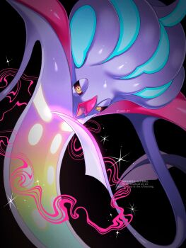 Rule 34 | beak, black background, black sclera, colored sclera, gen 6 pokemon, highres, iwasi 29, looking at viewer, malamar, mega malamar, mega pokemon, nintendo, no humans, open mouth, pokemon, pokemon (creature), pokemon focus, ringed eyes, smile, solo, tentacles, twitter username, yellow eyes