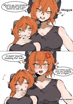 2girls 2koma anger_vein bare_shoulders black_shirt blush breasts clone closed_eyes comic curled_horns english_text green_eyes hard-translated head_tilt highres horns large_breasts long_hair looking_at_viewer magus_(zenless_zone_zero) multiple_girls open_mouth orphie_magnusson pointy_ears red_hair shirt sleeveless sleeveless_shirt squeezing_cheeks third-party_edit white_background yatou_cue zenless_zone_zero