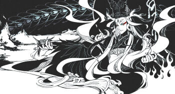 1boy bird black_background black_robe fate/grand_order fate_(series) freki greyscale looking_at_viewer male_focus monochrome phoenix robe sash shi_huang_di_(fate) shi_huang_di_(third_ascension)_(fate) sitting solo