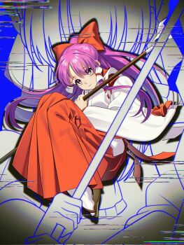 Rule 34 | 2girls, ascot, blue background, bow, chihaya (clothing), closed mouth, commentary request, dual persona, full nelson, glitch, gohei, guumin, hair bow, hakama, hakurei reimu, hakurei reimu (pc-98), head tilt, highly responsive to prayers, highres, holding, holding gohei, japanese clothes, long hair, long sleeves, looking at viewer, multiple girls, ponytail, purple eyes, purple hair, red bow, red hakama, sandals, smile, socks, touhou, touhou (pc-98), white socks, wide sleeves, zouri