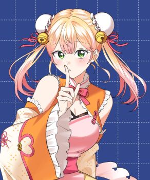 1girl bell_sleeves blue_background blush breasts bun_cover center-flap_bangs cleavage cleavage_cutout clothing_cutout commentary detached_sleeves double_bun dress finger_to_mouth frilled_dress frills gradient_hair green_eyes grid_background hair_bun hashtag-only_commentary hololive index_finger_raised looking_at_viewer momosuzu_nene momosuzu_nene_(jiangshi) multicolored_hair official_alternate_color official_alternate_costume official_alternate_hairstyle orange_dress pink_hair solo symbol-only_commentary twintails upper_body uuoftn virtual_youtuber wide_sleeves