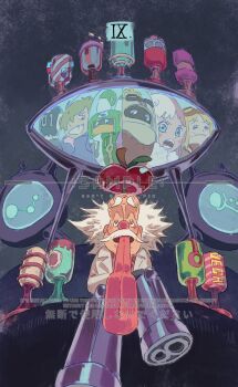 1boy blonde_hair boots cup dr._vegapunk eyelashes facial_hair freckles highres mustache one_piece roman_numeral sample_watermark siyangou49 smile thick_eyebrows tongue tongue_out vegapunk_atlas vegapunk_edison vegapunk_lilith vegapunk_pythagoras vegapunk_shaka vegapunk_york watermark white_hair