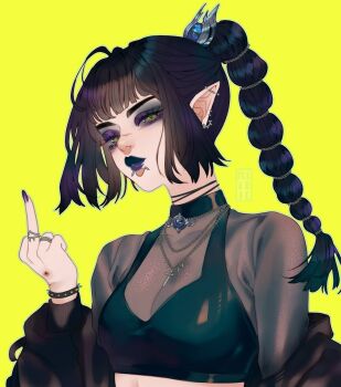 1girl alternate_costume baldur&#039;s_gate baldur&#039;s_gate_3 black_bra black_choker black_eyes black_hair black_jacket blunt_bangs bra bra_visible_through_clothes bracelet choker crop_top cross cross_necklace dungeons_&amp;_dragons dungeons_&amp;_dragons ear_piercing elf face_piercing green_background green_eyes hair_ornament hand_up high_ponytail highres jacket jacket_partially_removed jewelry lip_piercing looking_at_viewer middle_finger midriff necklace piercing pointy_ears ponytail purple_eyes purple_lips purple_nails see-through_clothes see-through_shirt shadowheart_(baldur&#039;s_gate) shirt simple_background solo spiked_bracelet spikes split_ponytail underwear upper_body yiiande