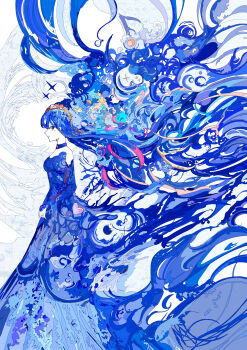 Rule 34 | 1girl, abstract background, absurdres, blue choker, blue dress, blue theme, breasts, choker, closed mouth, colored skin, commentary, dress, from side, hairband, hato (n hat mu), highres, long dress, long hair, original, red eyes, small breasts, solo, very long hair, waves, white background, white skin