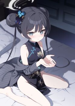 Rule 34 | 1girl, barefoot, blue archive, braid, braided bun, butterfly hair ornament, china dress, chinese clothes, clothes between thighs, coat, commentary request, cupping hands, double bun, dragon print, dress, grey eyes, grey halo, hair bun, hair ornament, halo, highres, jacket, kisaki (blue archive), kujou danbo, looking at viewer, off shoulder, on bed, own hands together, pelvic curtain, pinstripe jacket, pinstripe pattern, print dress, sitting, solo, striped clothes, striped coat, striped jacket, sweat, twintails, vertical-striped clothes, vertical-striped coat, vertical-striped jacket, wariza