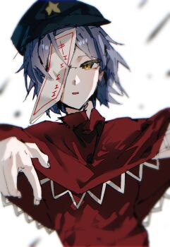 Rule 34 | 1girl, alternate eye color, black hat, chayo bababa, commentary request, fingernails, hat, hat ornament, highres, jiangshi, looking at viewer, miyako yoshika, newsboy cap, ofuda, open mouth, outstretched arms, purple hair, red shirt, shirt, solo, star (symbol), star hat ornament, touhou, upper body, white background, yellow eyes, zombie pose