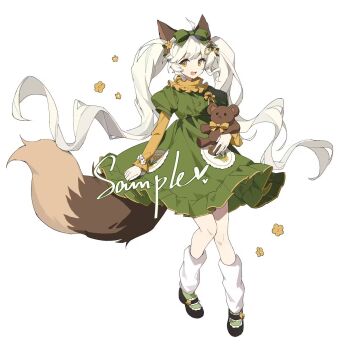 1girl :d ame_ame animal_ears black_shoes bow dress fox_ears fox_girl fox_tail full_body green_bow green_dress hair_bow highres holding holding_stuffed_toy layered_sleeves long_hair long_sleeves looking_at_viewer open_mouth original sample_watermark shoes short_over_long_sleeves short_sleeves simple_background smile socks solo standing stuffed_animal stuffed_toy tail teddy_bear twintails watermark white_background white_hair white_socks yellow_eyes