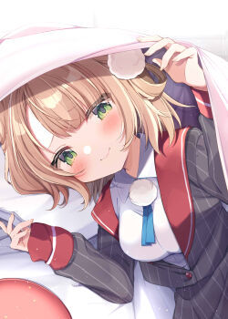 1girl absurdres blonde_hair breasts closed_mouth collared_shirt green_eyes grey_jacket highres indie_virtual_youtuber jacket kiyokura_meru looking_at_viewer medium_breasts medium_hair pillow pom_pom_(clothes) shigure_ui_(vtuber) shigure_ui_(vtuber)_(1st_costume) shirt smile solo striped_clothes striped_jacket under_covers vertical-striped_clothes vertical-striped_jacket virtual_youtuber white_shirt