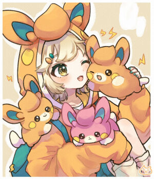 Rule 34 | 1girl, ;d, backpack, bag, blonde hair, blush, border, character hood, closed mouth, collarbone, commentary request, cosplay, creature and personification, fang, highres, holding, holding pokemon, hood, hood up, hoodie, necoyu (yuyudomino), nintendo, one eye closed, open mouth, orange hoodie, outline, pawmi, pawmi (cosplay), personification, pokemon, pokemon (creature), short hair, smile, upper body, white border, white outline, yellow background, yellow eyes