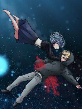 Rule 34 | 1boy, 1girl, barefoot, black shoes, blonde hair, blood, blue dress, blue eyes, blue hair, corset, dress, grey hoodie, grey shirt, hands on another's face, highres, hood, hoodie, hoshino aquamarine, kurokawa akane, long sleeves, min li7, oshi no ko, pants, shirt, shoes, sinking, underwater, white corset, white pants