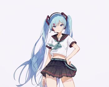 1girl aqua_belt aqua_neckerchief arm_at_side belt black_sailor_collar black_skirt blue_eyes blue_hair closed_mouth cowboy_shot crop_top cropped_shirt dot_nose expressionless grey_background hair_ornament hairclip hand_on_own_hip hatsune_miku headphones headset highres leg_tattoo long_hair looking_at_viewer microphone midriff miniskirt navel neckerchief number_tattoo pleated_skirt sailor_collar school_uniform serafuku shirt short_sleeves sidelocks simple_background skirt solo swept_bangs tattoo twintails very_long_hair vocaloid white_shirt yue_yue