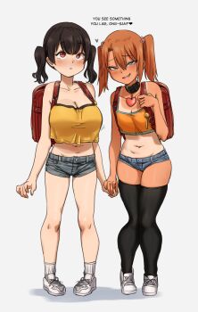 2girls animal_collar backpack bad_anatomy bag bare_shoulders belt_collar black_hair black_thighhighs blue_eyes blush borrowed_character breasts brown_eyes choker cleavage collar collarbone crime_prevention_buzzer crossover denim denim_shorts english_text fang female_focus full_body grey_background hair_between_eyes half-closed_eyes highres karmaniac large_breasts looking_at_viewer mesugaki midriff multiple_girls navel open_mouth oppai_loli original randoseru sasaki_kanna shirt shoes short_shorts shorts simple_background sleeveless small_breasts smile smug sneakers socks standing tan tank_top tanline thighhighs twintails white_footwear white_socks yellow_shirt yuma_(ebisujima_misato)