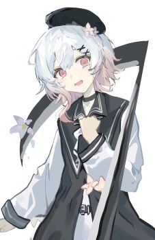 1girl absurdres beret black_dress black_hat cherry_blossoms chinese_commentary commentary_request crying crying_with_eyes_open dress flower gradient_hair hair_flower hair_ornament hand_up hat highres long_sleeves looking_at_viewer mahou_shoujo_no_majo_saiban multicolored_hair open_mouth pink_eyes pink_hair procreate_(medium) sakuraba_ema scared scythe short_hair simple_background solo t_rexfa tears white_background white_flower white_hair x_hair_ornament