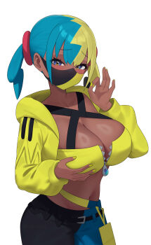 1girl absurdres blonde_hair blue_eyes blue_hair breasts canari_(pokemon) cleavage commentary cropped_jacket english_commentary fellatio_gesture giyeodeo highres jacket large_breasts long_hair long_sleeves looking_at_viewer mask mixed-language_commentary mouth_mask multicolored_hair navel nintendo paid_reward_available pokemon pokemon_legends:_z-a simple_background solo split-color_hair twintails upper_body white_background yellow_jacket