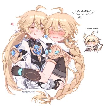 Rule 34 | 3boys, ^^^, aether (as heaven and earth are made anew) (genshin impact), aether (genshin impact), ahoge, arm armor, armor, arrow (symbol), artist name, black gloves, black shirt, blonde hair, blush, braid, cape, closed eyes, commentary, earrings, english commentary, english text, fingerless gloves, floating hair, from above, genshin impact, gloves, hair between eyes, hair ornament, hair ribbon, hair tubes, heart, highres, jacket, jewelry, kyou 0120, lapels, long hair, long sleeves, looking at another, low-braided long hair, low-tied long hair, low ponytail, male focus, mandarin collar, multiple boys, multiple persona, no mouth, official alternate costume, official alternate hairstyle, open clothes, open jacket, open mouth, orange eyes, ponytail, puffy long sleeves, puffy sleeves, ribbon, scarf, selfcest, shirt, short sleeves, shoulder armor, shy, simple background, single braid, single earring, single hair tube, smile, speech bubble, star (symbol), star earrings, surprised, sweat, sweatdrop, thought bubble, tongue, tongue out, upper body, vest, wavy mouth, white background, white cape, white jacket, white ribbon, white scarf, white vest, yaoi, yellow eyes