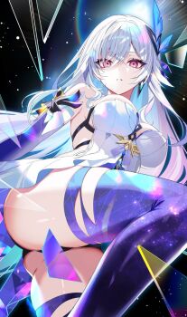 1girl ass black_background black_shorts breasts convenient_censoring dress from_below genshin_impact hair_ornament knee_up large_breasts long_hair looking_at_viewer motsunuki parted_lips purple_eyes purple_hands purple_thighhighs shards shorts skirk_(genshin_impact) solo thighhighs thighs white_dress white_hair