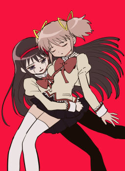 2girls absurdres akemi_homura black_hair black_pantyhose black_skirt closed_eyes commentary couple crying crying_with_eyes_open hairband highres hug kaname_madoka long_hair mahou_shoujo_madoka_magica mahou_shoujo_madoka_magica_(anime) mitakihara_school_uniform multiple_girls pantyhose parted_lips pink_hair puffy_sleeves red_background red_hairband school_uniform short_twintails simple_background skirt tears thighhighs twintails uranagi_(uranaginasi) white_thighhighs yuri