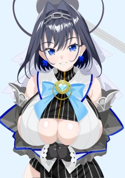 1girl bare_shoulders black_gloves blue_bow blue_eyes blue_gemstone blue_hair bow bow_earrings breasts brooch chain chain_headband choppy_bangs clothing_cutout commentary_request cowboy_shot detached_sleeves earrings gem gloves hair_intakes halo heart-shaped_gem highres hololive hololive_english jewelry large_breasts looking_at_viewer mechanical_halo ouro_kronii ouro_kronii_(1st_costume) own_hands_together philip98267134 shirt short_hair simple_background sleeveless sleeveless_shirt smile solo underboob_cutout virtual_youtuber white_shirt