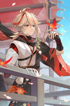 1boy antenna_hair bandaged_hand bandages black_gloves bug butterfly closed_mouth fingerless_gloves genshin_impact gloves grey_hair highres insect kaedehara_kazuha low_ponytail male_focus multicolored_hair ponytail red_eyes red_streaks short_hair solo standing streaked_hair suyako_(suya93)